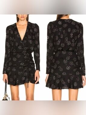 Veronica Beard Silk Black Floral Wrap-Style Flounce Dress Size 12